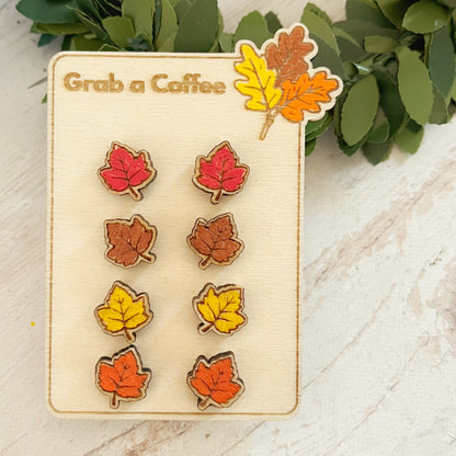 Handmade Autumn Maple Leaf Wooden Stud Earrings – Red, Brown, Orange, or Yellow (Birch Plywood, 1 cm)
