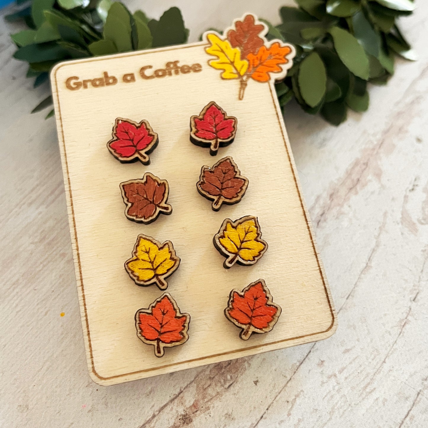 Handmade Autumn Maple Leaf Wooden Stud Earrings – Red, Brown, Orange, or Yellow (Birch Plywood, 1 cm)