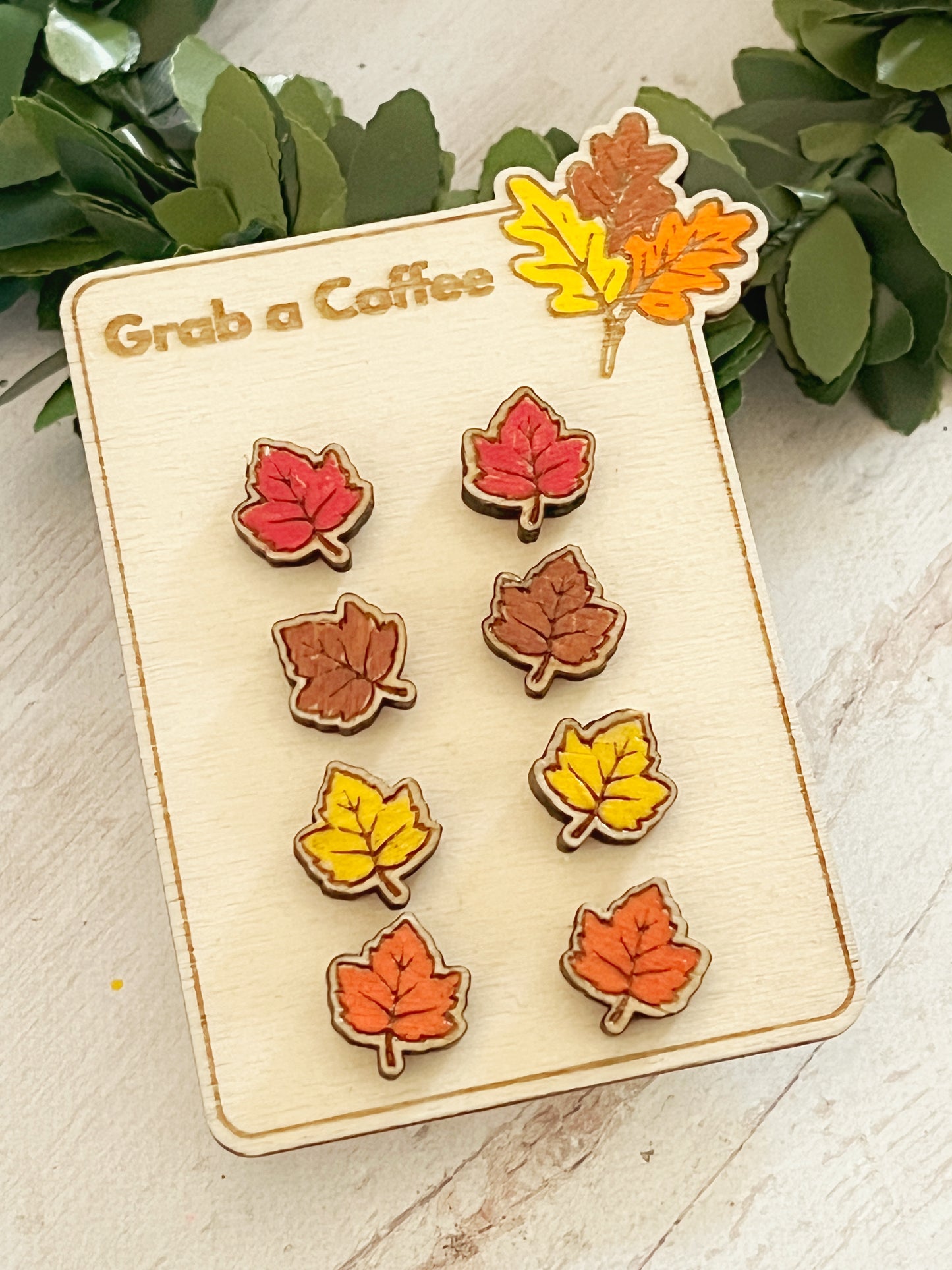 Handmade Autumn Maple Leaf Wooden Stud Earrings – Red, Brown, Orange, or Yellow (Birch Plywood, 1 cm)