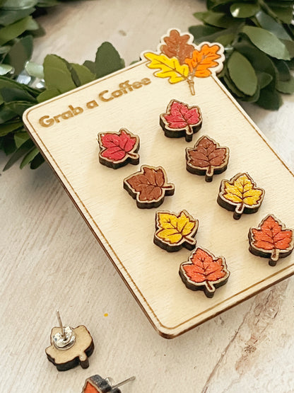 Handmade Autumn Maple Leaf Wooden Stud Earrings – Red, Brown, Orange, or Yellow (Birch Plywood, 1 cm)