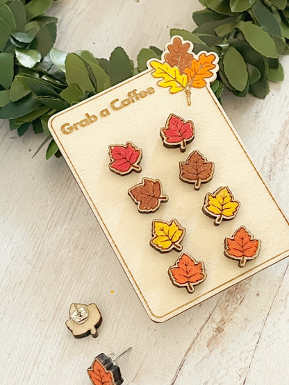 Handmade Autumn Maple Leaf Wooden Stud Earrings – Red, Brown, Orange, or Yellow (Birch Plywood, 1 cm)
