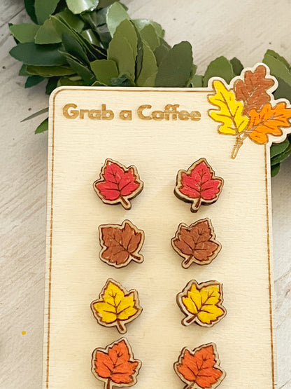 Handmade Autumn Maple Leaf Wooden Stud Earrings – Red, Brown, Orange, or Yellow (Birch Plywood, 1 cm)