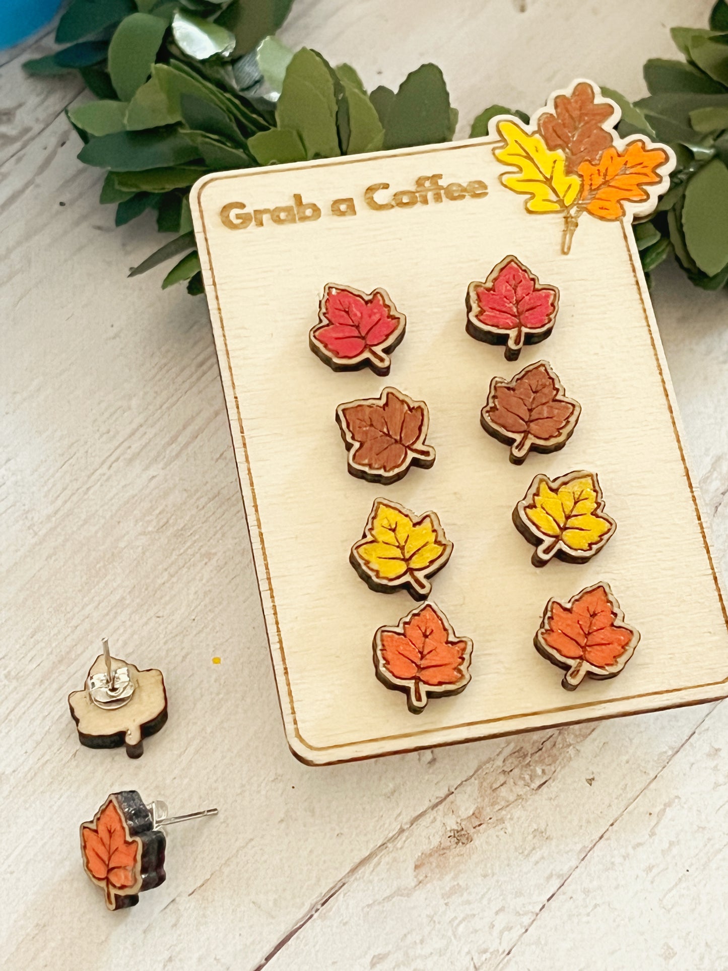 Handmade Autumn Maple Leaf Wooden Stud Earrings – Red, Brown, Orange, or Yellow (Birch Plywood, 1 cm)