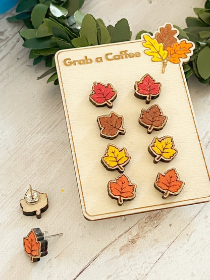 Handmade Autumn Maple Leaf Wooden Stud Earrings – Red, Brown, Orange, or Yellow (Birch Plywood, 1 cm)