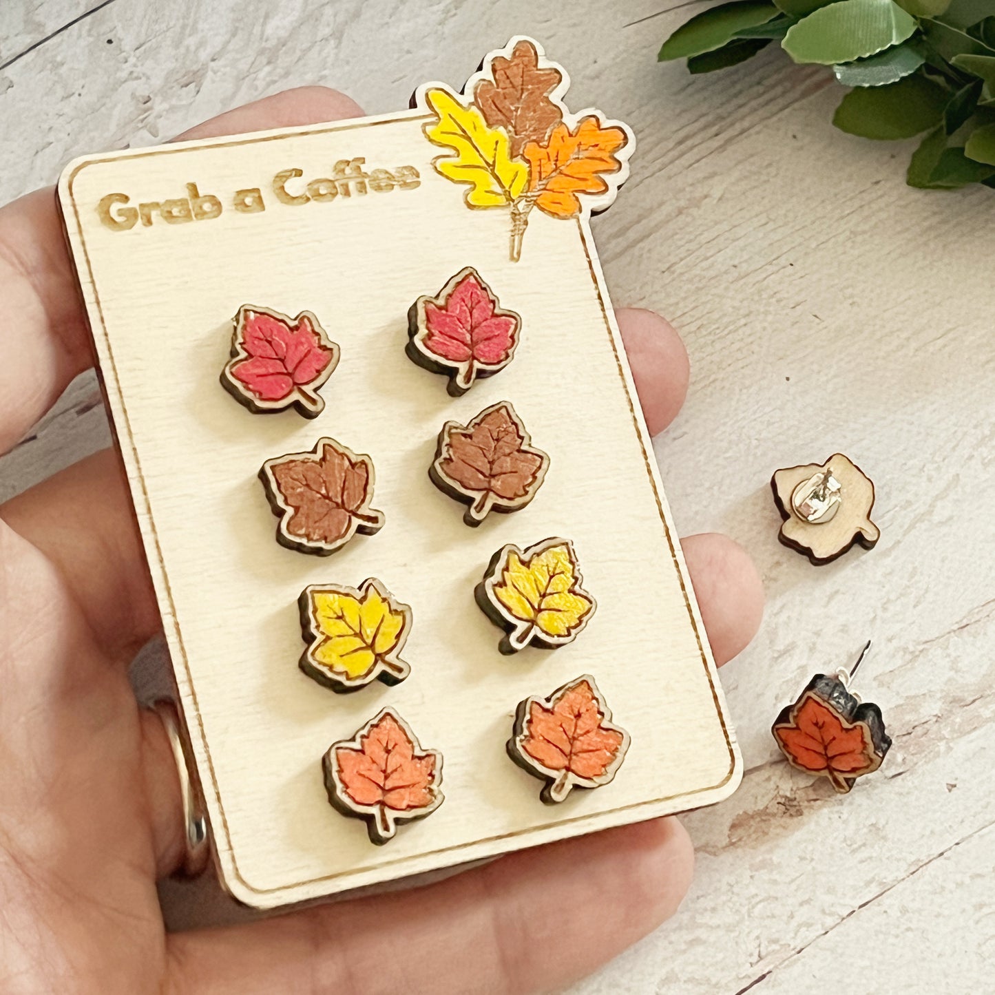 Handmade Autumn Maple Leaf Wooden Stud Earrings – Red, Brown, Orange, or Yellow (Birch Plywood, 1 cm)