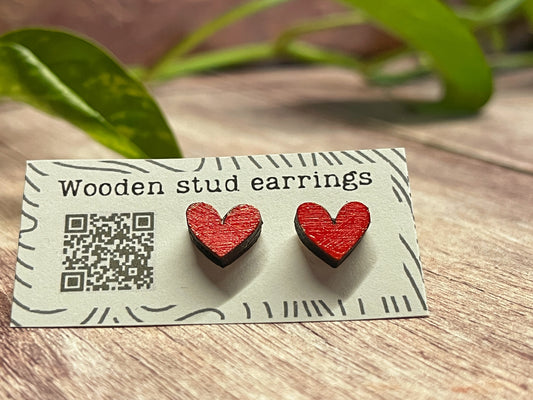 Mini Heart Stud Earrings – Pick Your Color – Tiny Wooden Heart Earrings – Cute Hand Painted Jewelry – Valentine Gift Idea