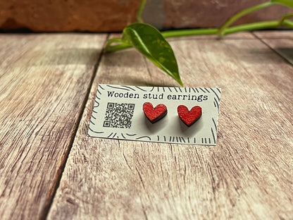 Mini Heart Stud Earrings – Pick Your Color – Tiny Wooden Heart Earrings – Cute Hand Painted Jewelry – Valentine Gift Idea