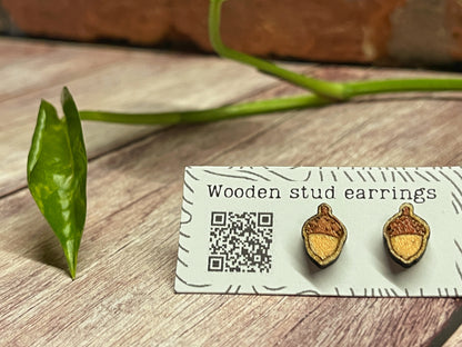 Handpainted Wooden Acorn Stud Earrings – Autumn Jewelry