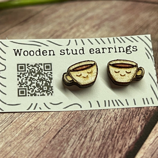 Handpainted Wooden Smiling Coffee Cup Stud Earrings