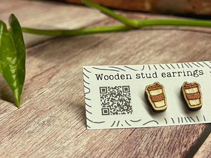 Coffee Cup Stud Earrings – Mini To-Go Cup Earrings – Wooden Coffee Jewelry – Cute Barista Gift – Caffeine Lover Earrings