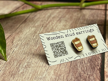 Coffee Cup Stud Earrings – Mini To-Go Cup Earrings – Wooden Coffee Jewelry – Cute Barista Gift – Caffeine Lover Earrings