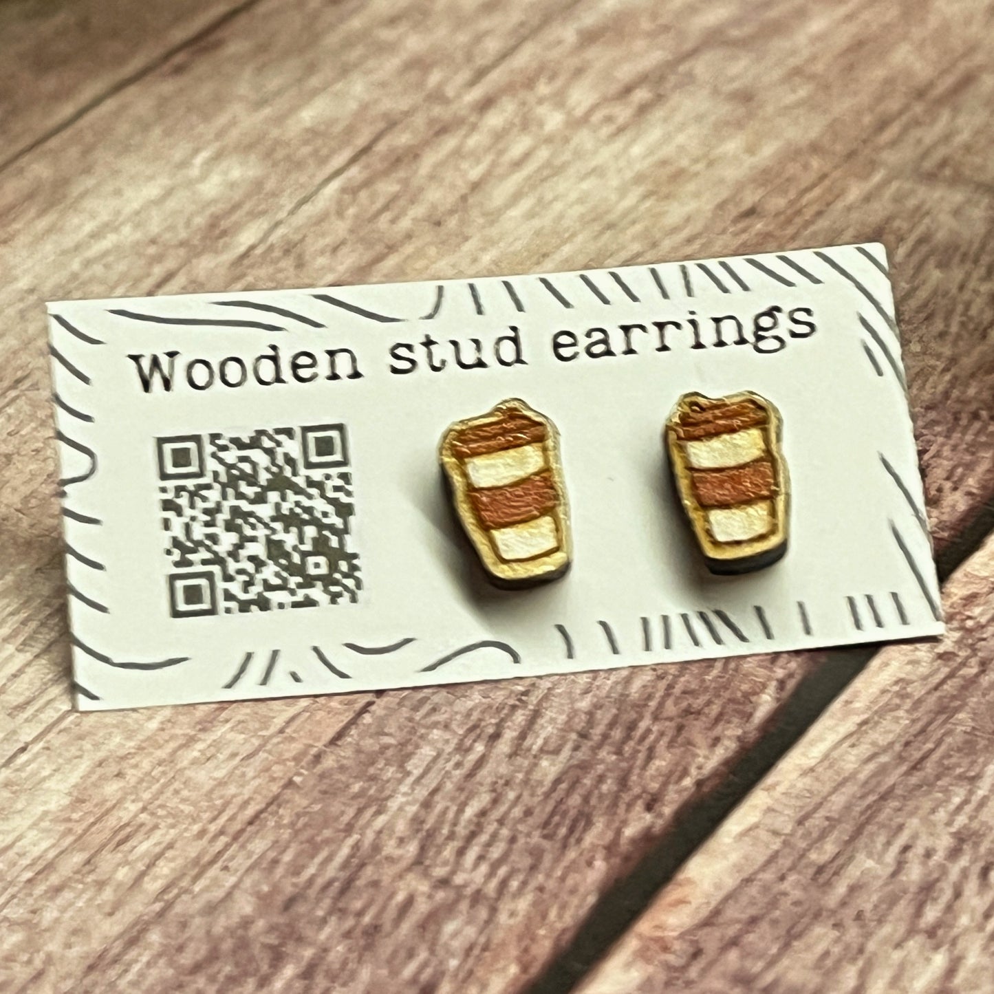 Coffee Cup Stud Earrings – Mini To-Go Cup Earrings – Wooden Coffee Jewelry – Cute Barista Gift – Caffeine Lover Earrings