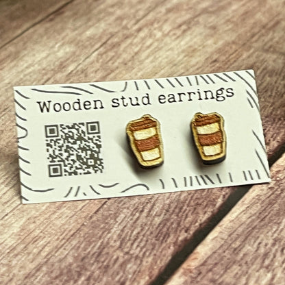 Coffee Cup Stud Earrings – Mini To-Go Cup Earrings – Wooden Coffee Jewelry – Cute Barista Gift – Caffeine Lover Earrings