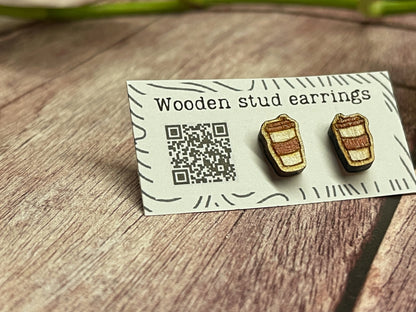 Coffee Cup Stud Earrings – Mini To-Go Cup Earrings – Wooden Coffee Jewelry – Cute Barista Gift – Caffeine Lover Earrings