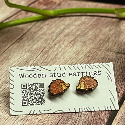 Adorable Tiny Hedgehog Stud Earrings – Handmade Wooden Jewelry