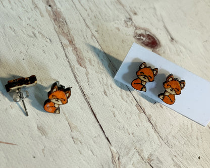 Whimsical Tiny Fox Stud Earrings – Handcrafted Wooden Jewelry