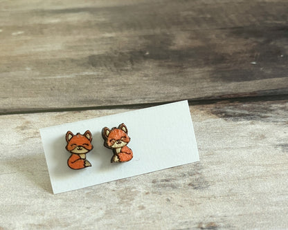 Whimsical Tiny Fox Stud Earrings – Handcrafted Wooden Jewelry