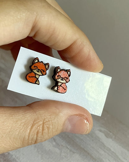 Whimsical Tiny Fox Stud Earrings – Handcrafted Wooden Jewelry