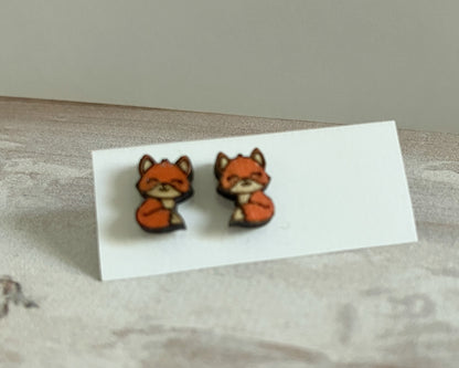 Whimsical Tiny Fox Stud Earrings – Handcrafted Wooden Jewelry
