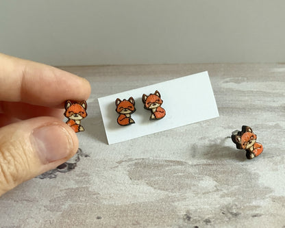 Whimsical Tiny Fox Stud Earrings – Handcrafted Wooden Jewelry