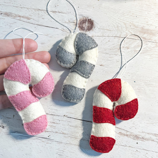 Handmade Felt Candy Cane Ornament - Christmas Ornament - Red, Pink, Grey Felt Candy Canes - Holiday Tree Decor