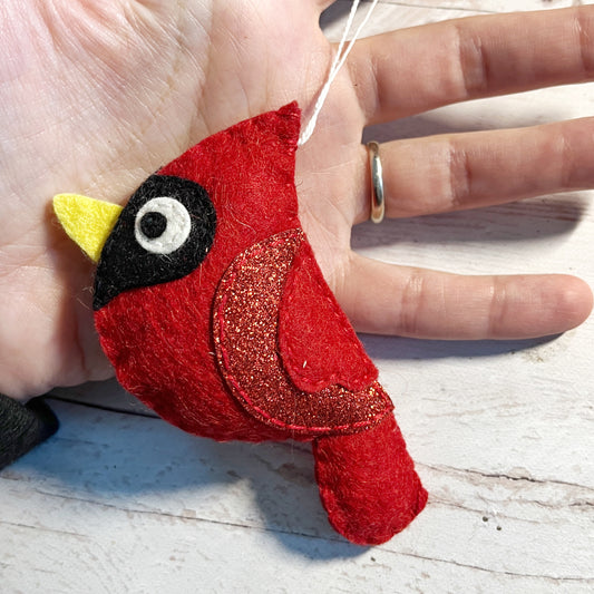 Handmade Felt Cardinal Ornament - Red Glitter Wing Bird Decoration - Christmas Tree Ornament - Winter Decor