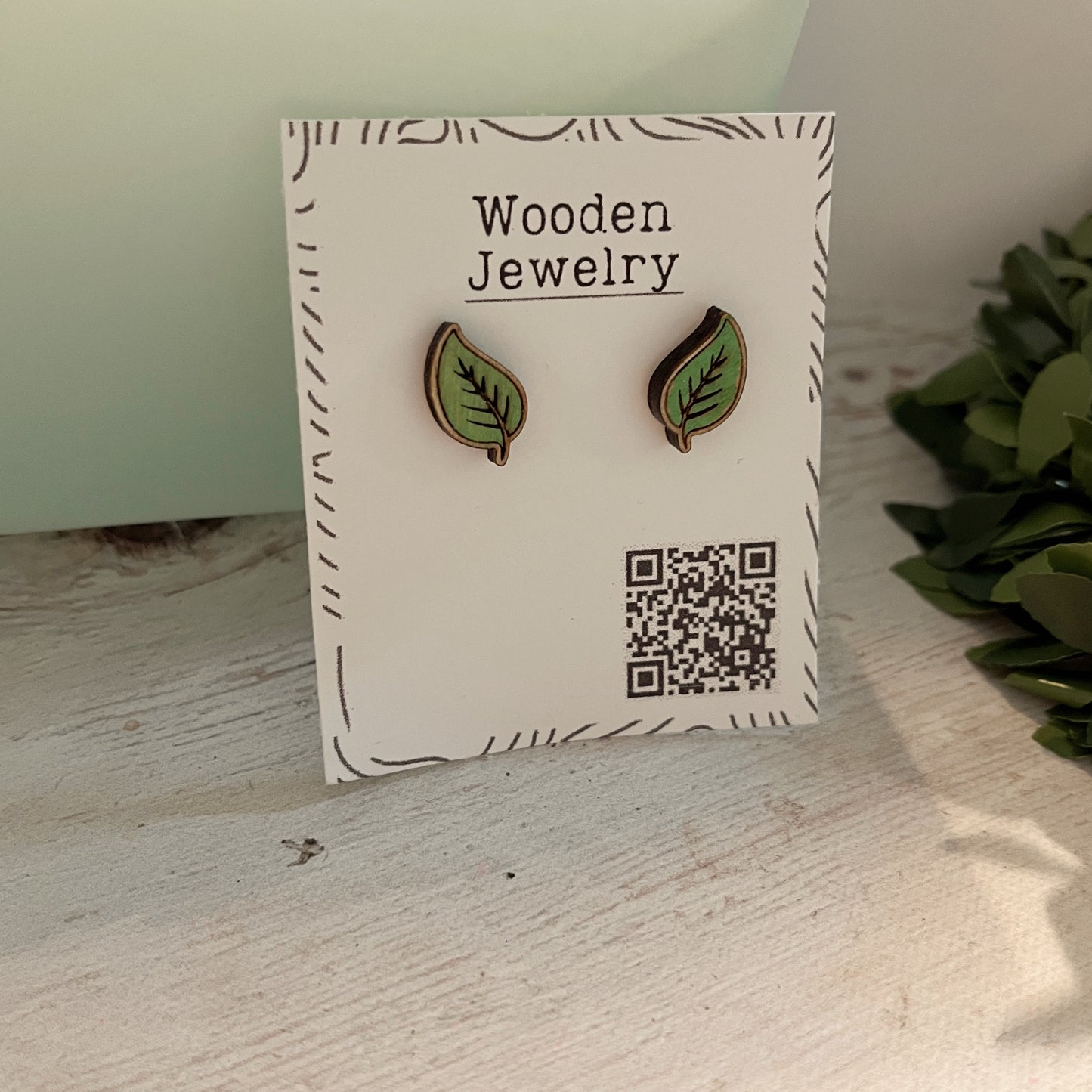 Hand Painted Wooden Green Leaf Stud Earrings — Botanical Nature Jewellery — Handmade Gift for Plant Lovers