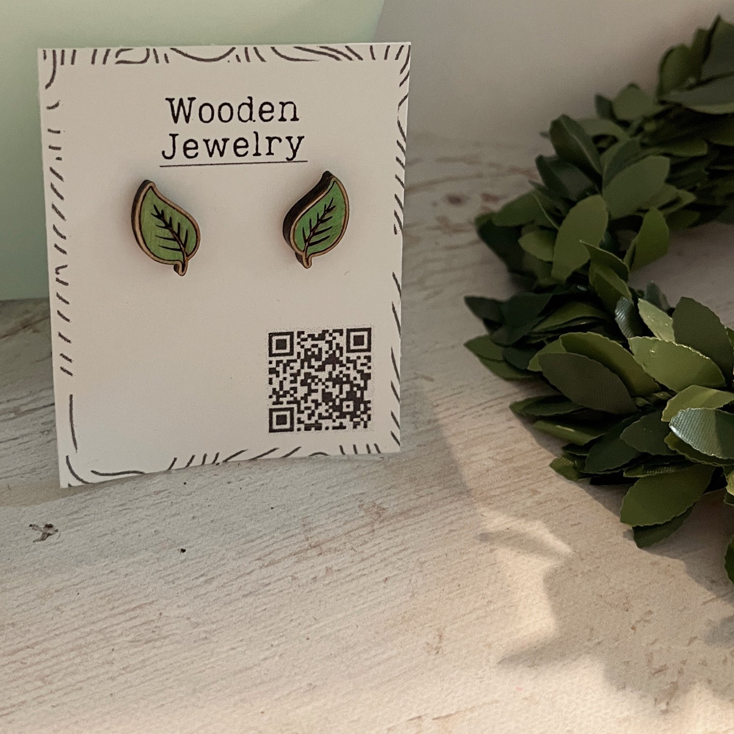 Hand Painted Wooden Green Leaf Stud Earrings — Botanical Nature Jewellery — Handmade Gift for Plant Lovers