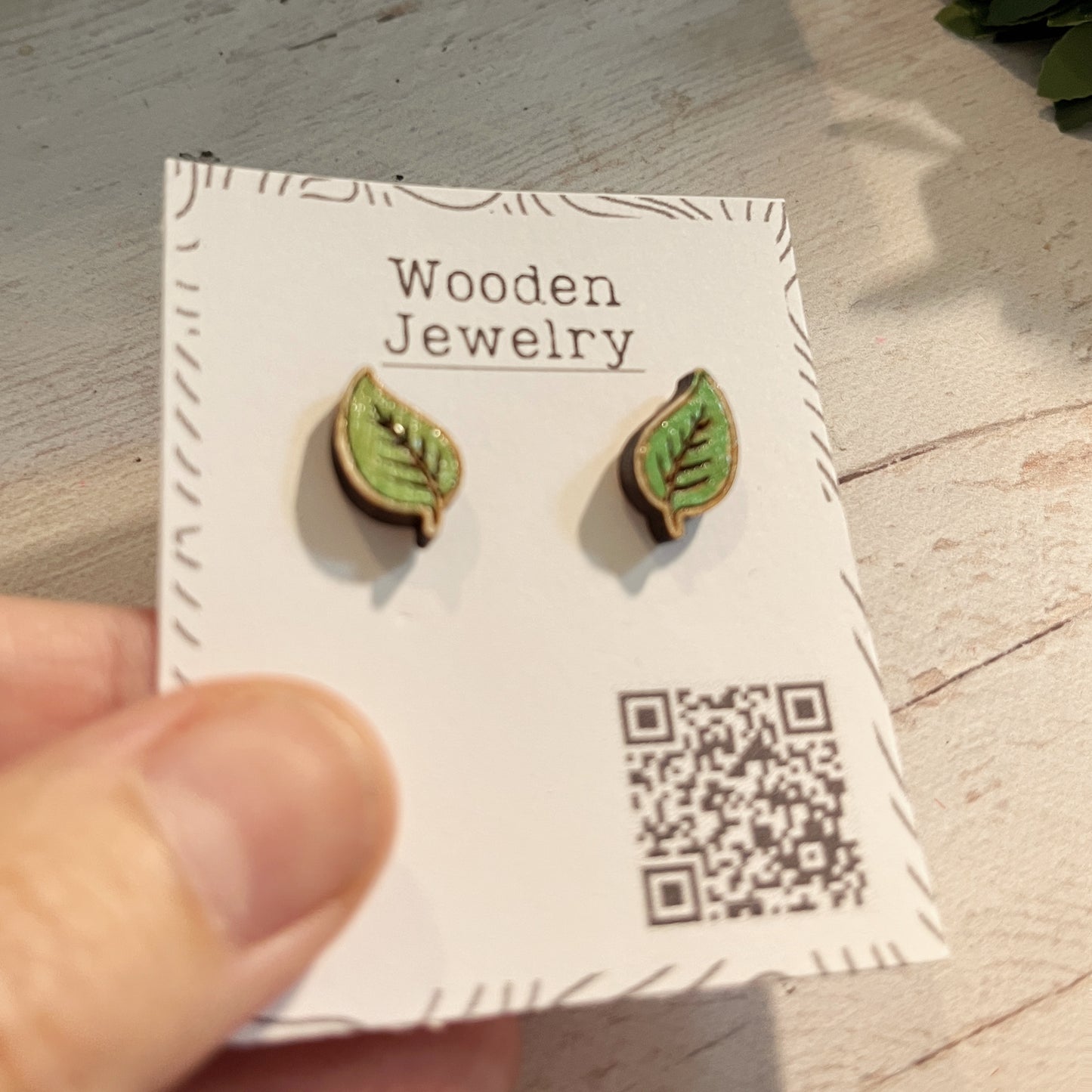Hand Painted Wooden Green Leaf Stud Earrings — Botanical Nature Jewellery — Handmade Gift for Plant Lovers