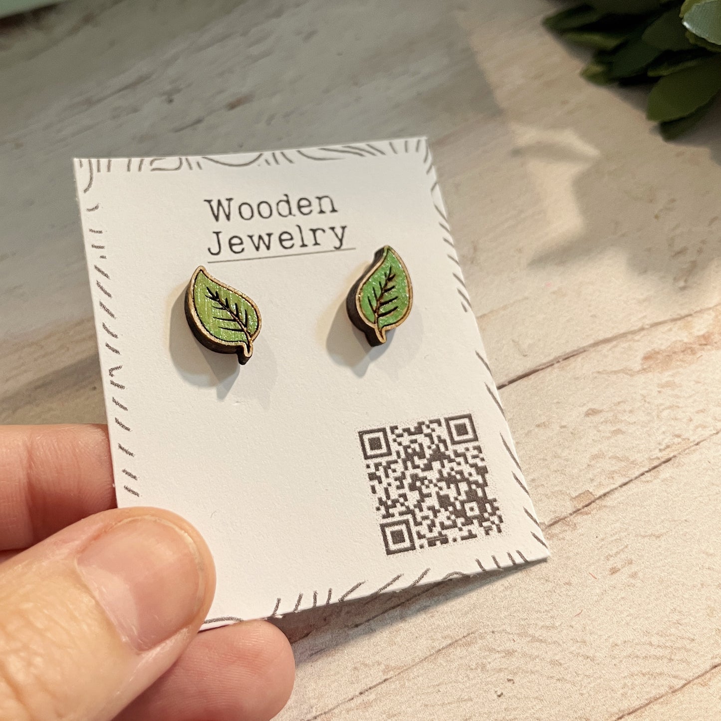 Hand Painted Wooden Green Leaf Stud Earrings — Botanical Nature Jewellery — Handmade Gift for Plant Lovers