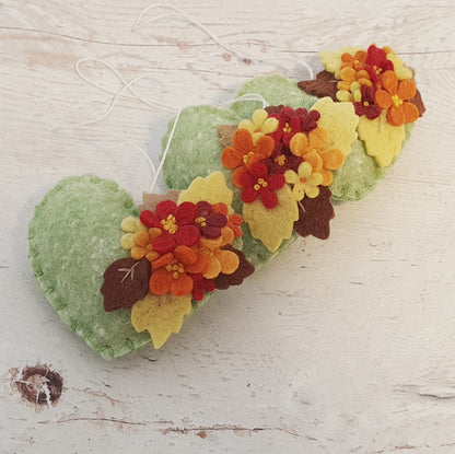 Fall flowers heart ornament - felt home decoration
