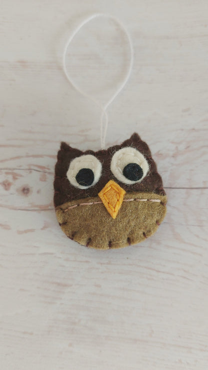 Tiny felt owl ornament, woodland animals