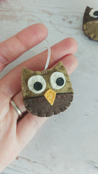 Tiny felt owl ornament, woodland animals