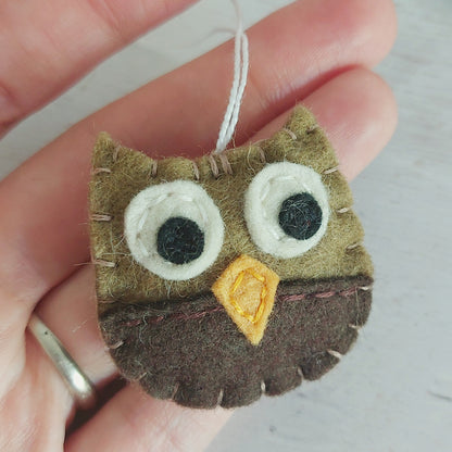 Tiny felt owl ornament, woodland animals