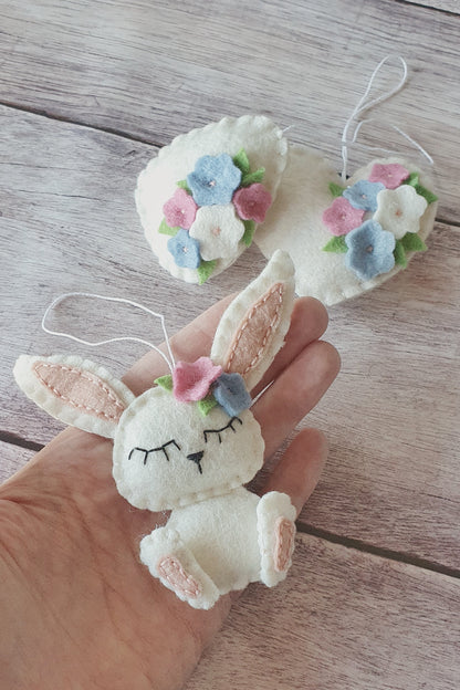 Felt Easter ornament set, felt Easter eggs, pack of 3, felt bunny ornament
