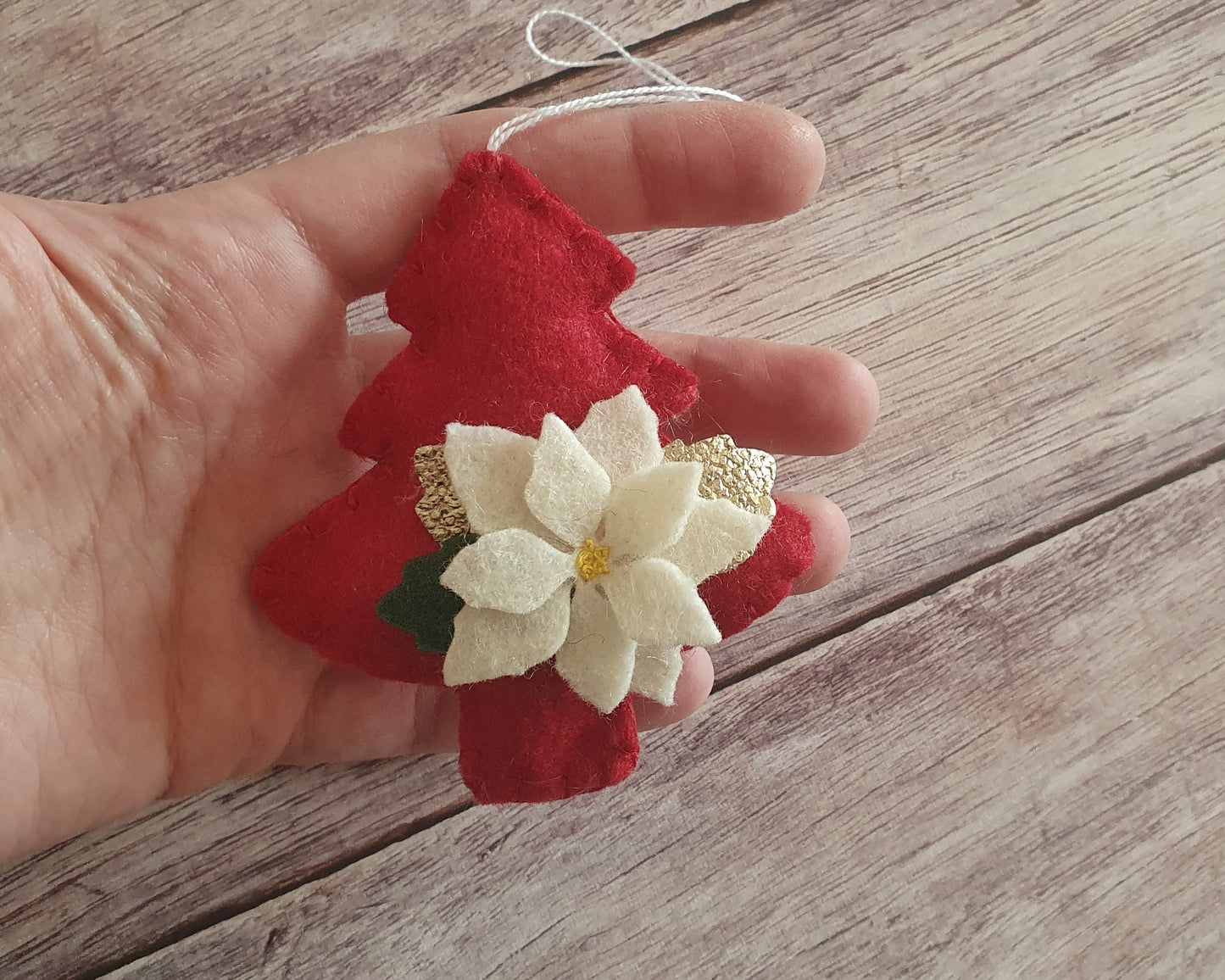 Christmas tree ornament with poinsettia flower - felt hanging decoration