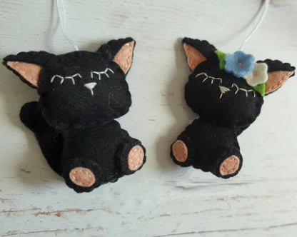 Black cat ornament, felt kitty decoration, wool cat ornament