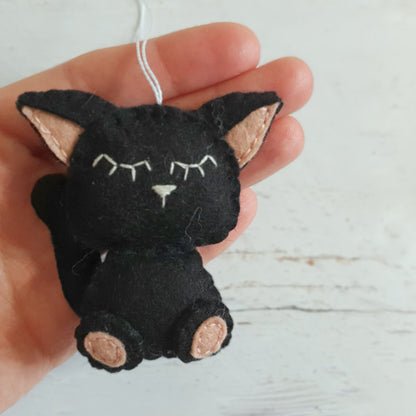 Black cat ornament, felt kitty decoration, wool cat ornament