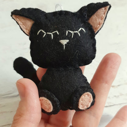 Black cat ornament, felt kitty decoration, wool cat ornament