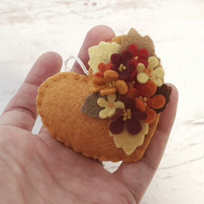 Fall flowers heart ornament - felt home decoration