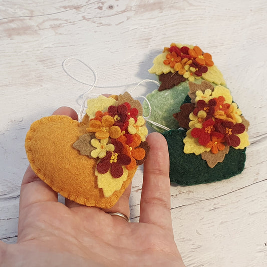 Fall flowers heart ornament - felt home decoration