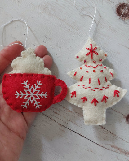 Felt coffee cups with snowflakes - SET OF 6 or individual items, home decoration