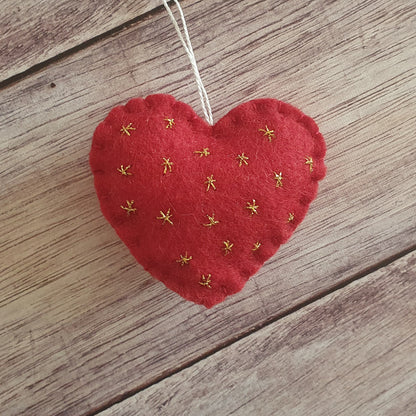 Heart ornament with embroidered gold stars - felt decoration for Valentine's day Christmas Baby's shower decor Nursery idea - gift for her