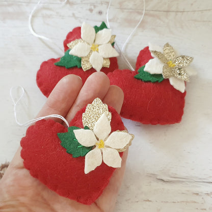 Red Poinsettia hearts - Christmas flowers ornament - felt home decoration - gift for her nursery decor nature inspired with flower