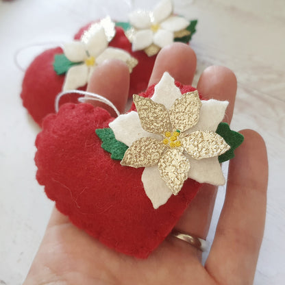 Red Poinsettia hearts - Christmas flowers ornament - felt home decoration - gift for her nursery decor nature inspired with flower
