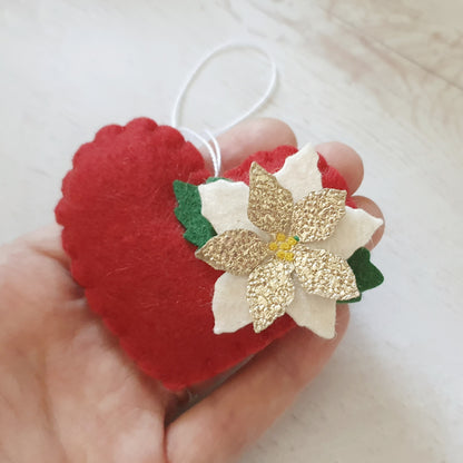 Red Poinsettia hearts - Christmas flowers ornament - felt home decoration - gift for her nursery decor nature inspired with flower