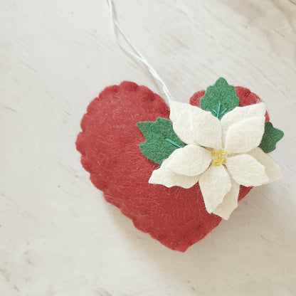 Red Poinsettia hearts - Christmas flowers ornament - felt home decoration - gift for her nursery decor nature inspired with flower