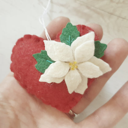 Red Poinsettia hearts - Christmas flowers ornament - felt home decoration - gift for her nursery decor nature inspired with flower