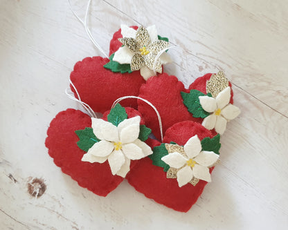 Red Poinsettia hearts - Christmas flowers ornament - felt home decoration - gift for her nursery decor nature inspired with flower