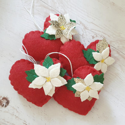 Red Poinsettia hearts - Christmas flowers ornament - felt home decoration - gift for her nursery decor nature inspired with flower